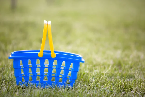 Bright plastic colorful basket outdoors in green grass on sunny