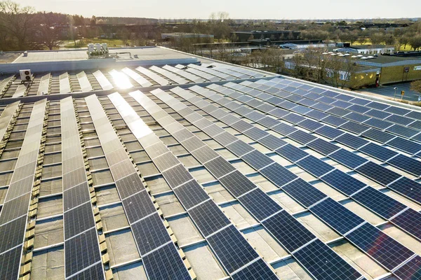 Vue du dessus du système de panneaux solaires photovoltaïques brillants bleus produci — Photo