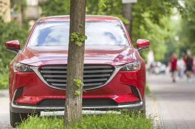 Araba ile şehir Caddesi üzerinde ağaçların altında yaya bölgesinde park WA