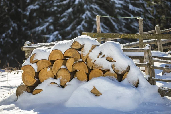 stock image Neatly piled stack of chopped dry trunks wood covered with snow 