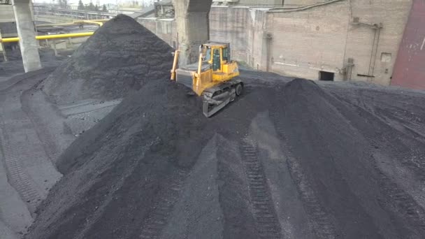 Ciągnik Buldożer Zbierający Węgiel Kamienny Polu Zasilania Elektrowni Cieplnej — Wideo stockowe