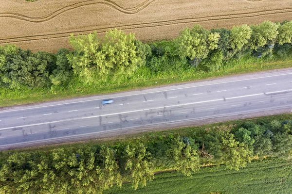 Вид с воздуха на дорогу между желтыми пшеничными полями и зеленым деревом — стоковое фото
