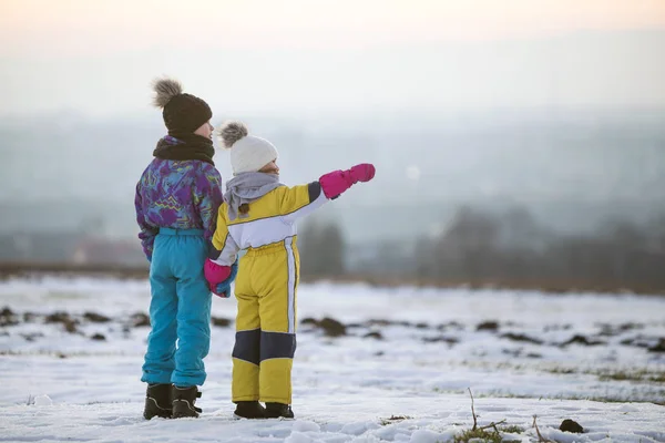 Двое детей брат и сестра стоят на улице на снежном шабаше — стоковое фото