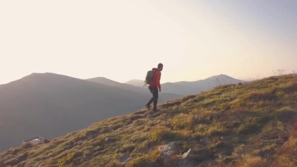 游客徒步旅行者背着一个背包 穿着橙色夹克走在喀尔帕西亚山脉的山路上 — 图库视频影像
