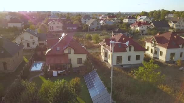 Aerial View Residential Private House Solar Panels Roof Wind Generator — Stock Video