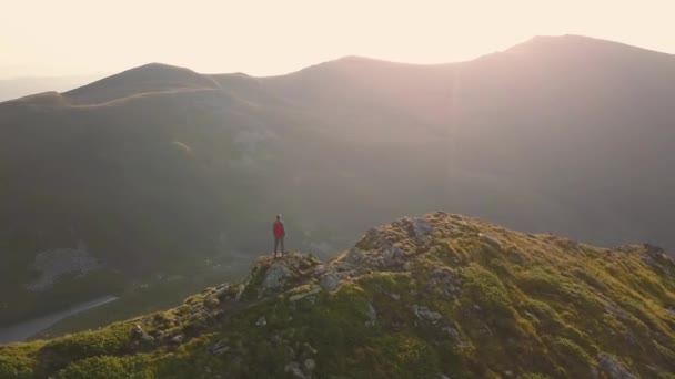 Vandrare Står Toppen Steniga Berget Njuter Magnifik Utsikt Bergsklättrare Tittar — Stockvideo