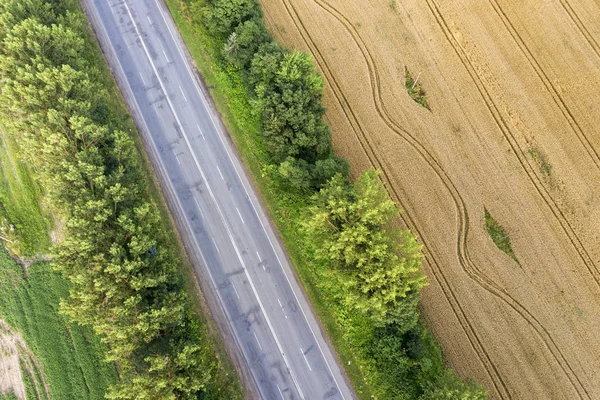 Luchtfoto van een weg tussen gele tarwe velden en groene boom — Stockfoto