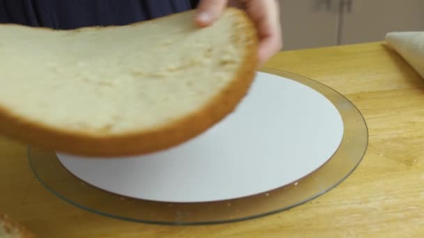 Close Mãos Mulher Fazendo Bolo Doce Com Creme Branco Biscoito — Vídeo de Stock