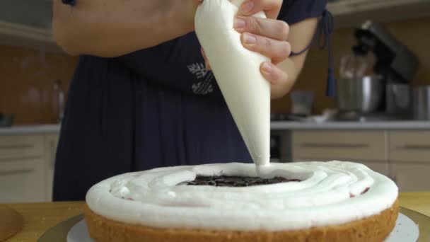 Close Mãos Mulher Fazendo Bolo Doce Com Creme Branco Biscoito — Vídeo de Stock