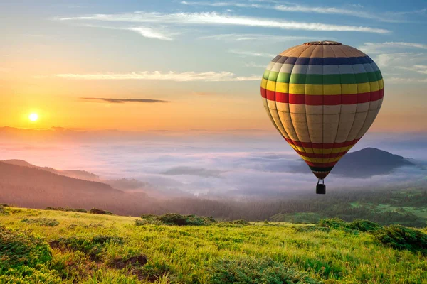 Stor Varm Luft Baloon Över Idylliska Landskap Med Grönt Gräs — Stockfoto