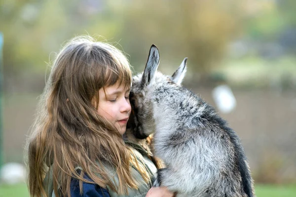 Pretty Happy Child Girl Playing Small Kid Goat Farm Yard — Stock Photo, Image