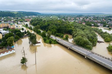 Ukrayna 'nın batısındaki Halych kasabasındaki Dnister nehrinin kirli sularıyla dolu su basmış evlerin havadan görüntüsü..