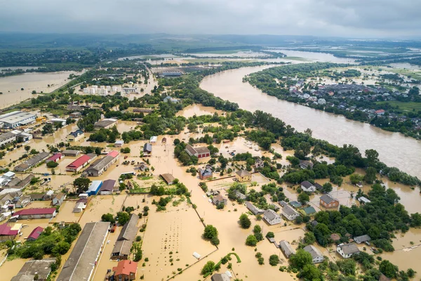 Aerial view of flooded houses with dirty water of Dnister river in Halych town, western Ukraine.