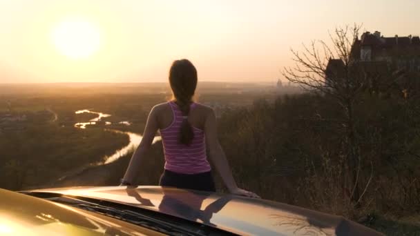 Young Woman Standing Her Car Enjoying Warm Sunset View Girl — Stock Video