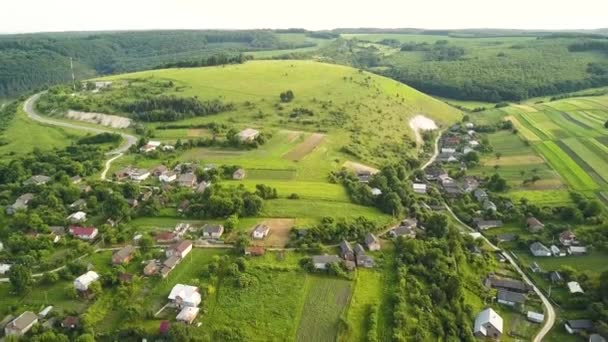 在绿树成荫 农田和遥远的森林间建有小房子的小村庄的空中景观 — 图库视频影像