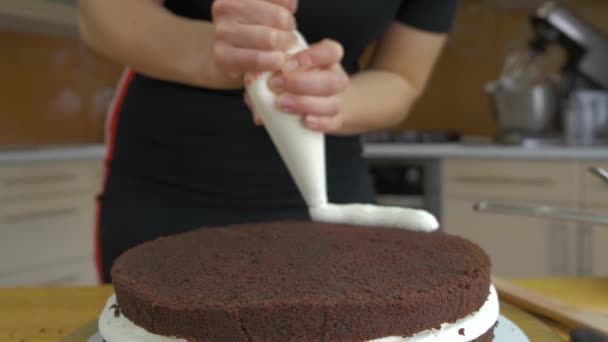 Close Mãos Mulher Fazendo Bolo Doce Com Creme Branco Biscoito — Vídeo de Stock