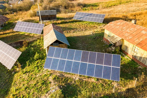 Aerial Top View Solar Photo Voltaic Panels Green Rural Area — Stock Photo, Image