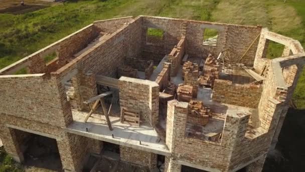 Aerial View Unfinished House Interior Walls Construction Building Site — Stock Video