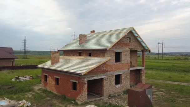 Aerial View Brick House Wooden Roof Frame Construction — Stock Video