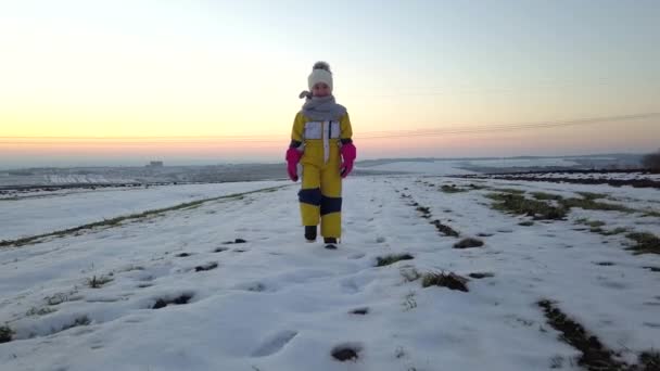 冬の野外で楽しいアウトドアを持っている若い子供の女の子 — ストック動画