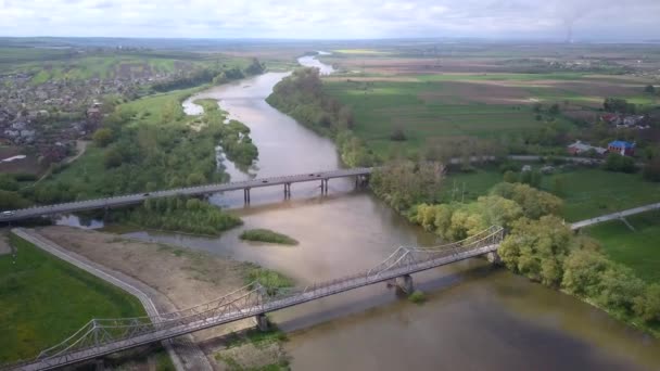 Flygfoto Över Floden Dnister Och Två Broar Staden Halych Ukraina — Stockvideo