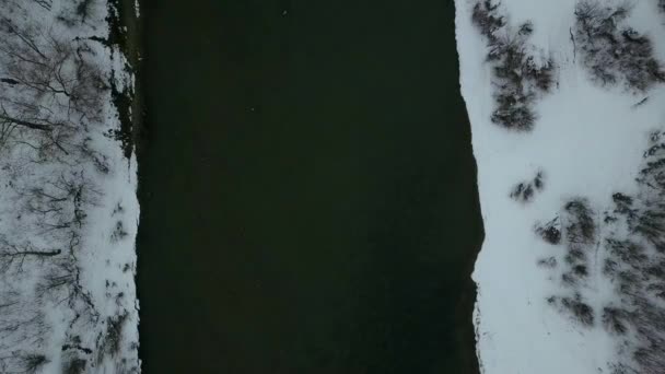 Luchtfoto Van Een Riool Winter Met Besneeuwde Witte Oevers — Stockvideo