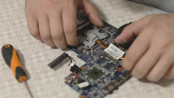 Closeup Technician Hands Repairing Laptop Computer Cooling System — Stock Video