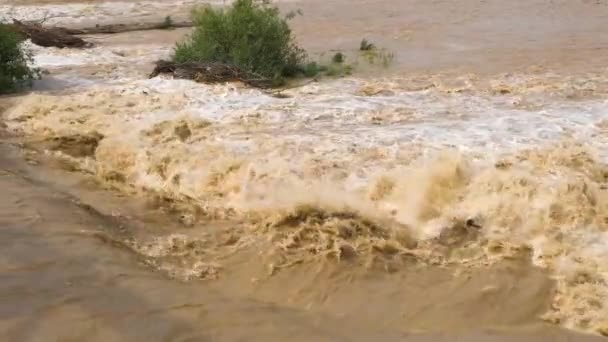 Rio Sujo Largo Com Água Lamacenta Período Inundação Durante Chuvas — Vídeo de Stock