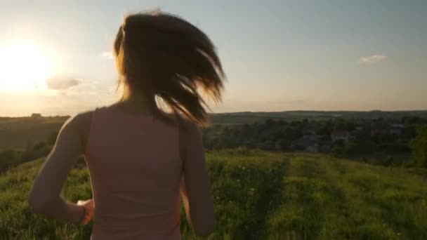 Young Woman Pink Dress Running Summer Meadow Warm Sunset — Stock Video