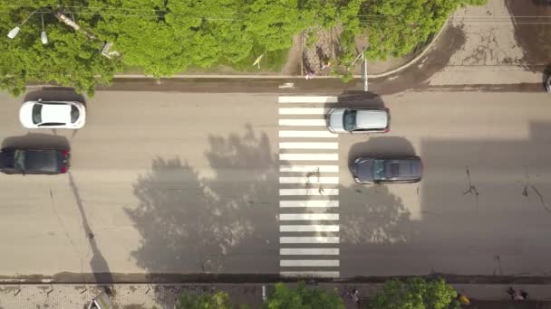 歩行者を横断する車やゼブラクロスウォークを持つ通りの空中ビューの上 — ストック動画