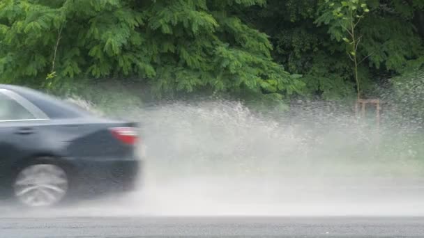 Coches Que Conducen Rápido Dejando Salpicaduras Pulverización Carretera Inundada Con — Vídeo de stock