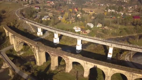 Aerial View Old Ruined Train Bridge Town Vorokhta Carpathian Mountains — Stock Video