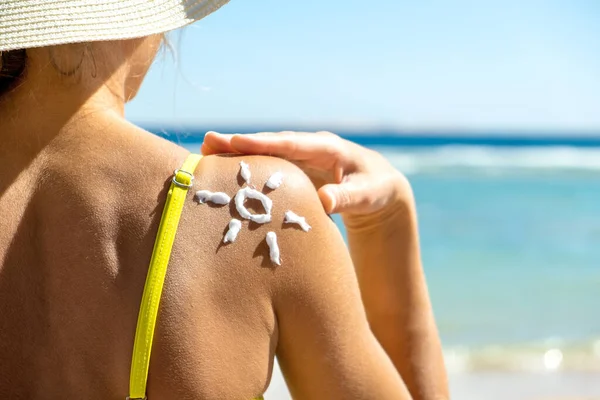 Back View Young Woman Tanning Beach Sunscreen Cream Sun Shape
