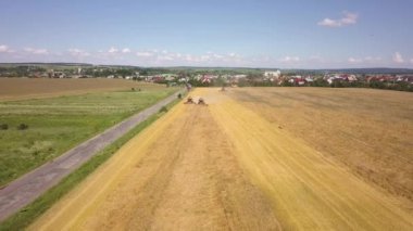 Buğday tarlasını hasat eden hasatçının hava görüntüsü. İHA görünümünden tarım.