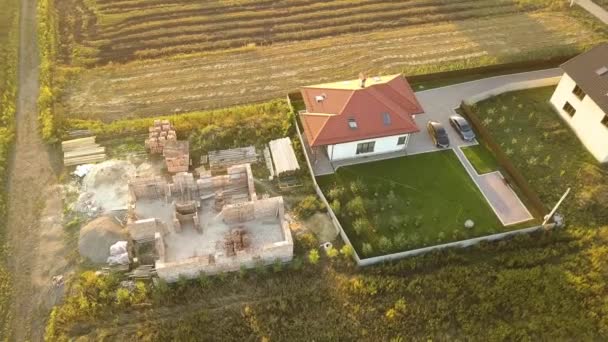 Top Aerial View Two Private Houses One Construction Wooden Roofing — Stock Video
