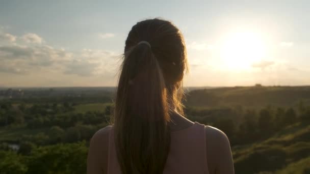 Young Woman Summer Dress Standing Green Meadow Enjoying Sunset View — Stock Video