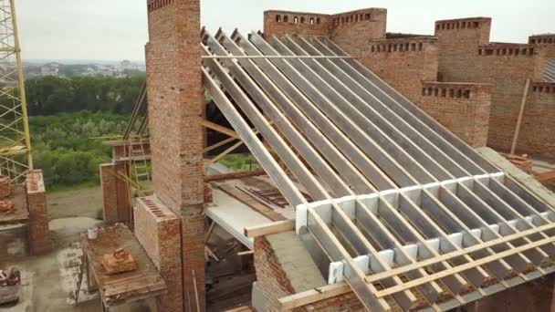 Aerial View Unfinished Brick Apartment Building Wooden Roof Structure Construction — Stock Video