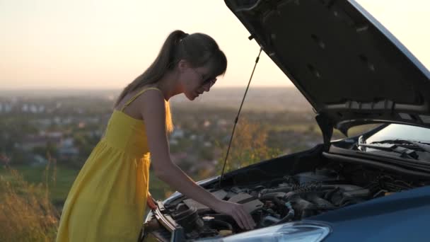 Νεαρή Γυναίκα Οδηγός Στέκεται Κοντά Στο Αυτοκίνητό Της Ανοιχτή Κουκούλα — Αρχείο Βίντεο