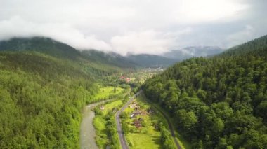 Yeşil Karpat dağlarının havadan görünüşü yaz güneşli bir günde çam ağaçlarıyla kaplıdır..