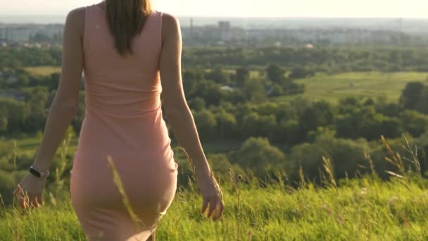 若いです女性でピンク夏のドレス歩行で緑のフィールド屋外で日没 — ストック動画