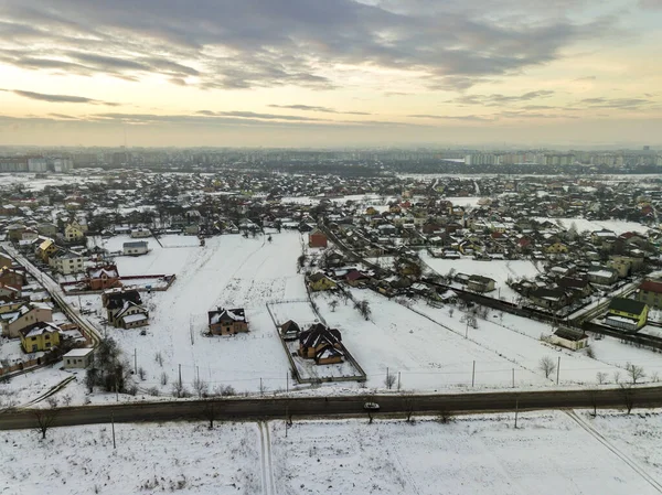 Ovanifrån Staden Förorter Eller Liten Stad Fina Hus Vintern Morgon — Stockfoto