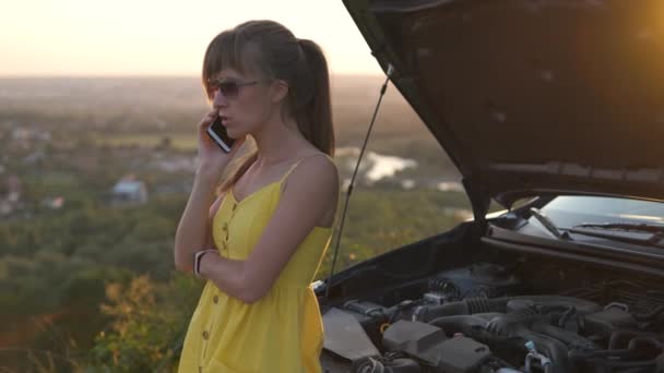 Νεαρή Γυναίκα Οδηγός Μιλάει Στο Κινητό Τηλέφωνο Στέκεται Κοντά Στο — Αρχείο Βίντεο
