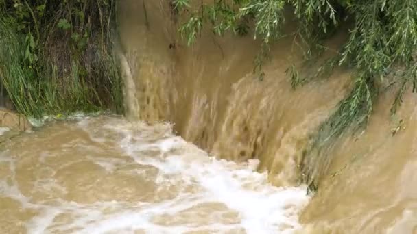 Vuile Rivier Met Modderig Water Overstromingsperiode Tijdens Zware Regenval Het — Stockvideo