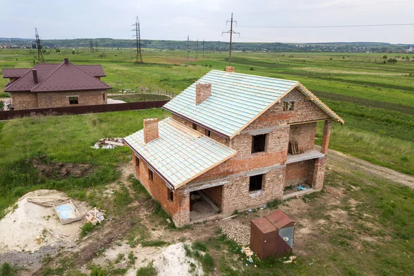 Aerial View Brick House Wooden Roof Frame Construction — Stock Photo, Image