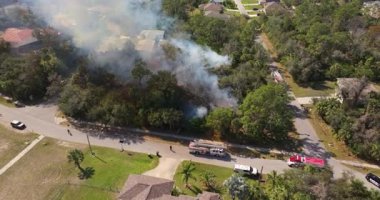 Ormanlık Florida mahallesinde yangın çıktı. İtfaiye ekipleri ve itfaiye ekipleri olay yerindeki konutların yakınında duman ve alevlerle boğuşuyor..
