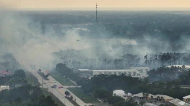 Kuzey Liman Şehri, Florida 'da yangın söndüren itfaiye helikopteri. Acil servis helikopteri ormanda alevleri söndürmeye çalışıyor. Banliyö evlerinden yükselen yoğun duman.