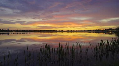Güney tropik sulak alanlarda, göl suyunun üzerinde gün batımı. İnanılmaz Florida doğası..