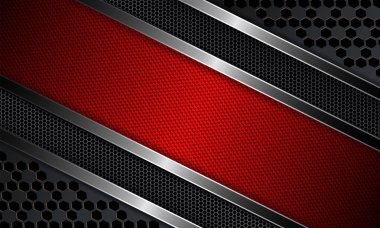 Geometrik tasarımlı bir kırmızı çerçeve, metal ızgara ve parlak kenar.