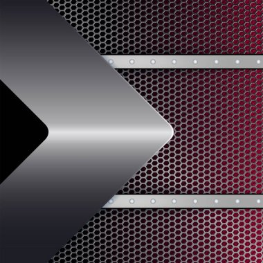 Metal mesh, perçin ve metalik bir ok ile geometrik siyah kırmızı tasarım.