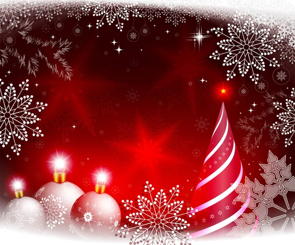 Jul röd bakgrund med vita bollar och en abstrakt julgran. — Stock vektor